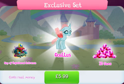 Size: 1266x858 | Tagged: safe, gameloft, ocellus, changedling, changeling, g4, my little pony: magic princess, book, bundle, bush, costs real money, english, female, gem, horn, hourglass, insect wings, key, key of unfettered entrance, moss, numbers, pillow, river, sale, solo, stream, text, water, wings