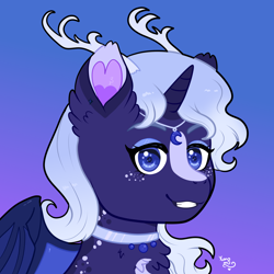 Size: 2500x2500 | Tagged: safe, artist:yumomochan, pony, unicorn, bat wings, bust, choker, colored, commission, female, flat colors, freckles, gradient background, gritted teeth, high res, horns, mare, smiling, teeth, wings
