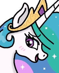 Size: 340x420 | Tagged: safe, artist:souponmars, princess celestia, alicorn, pony, g4, blushing, bust, looking at you, looking back, looking back at you, open mouth, open smile, preview, simple background, smiling, smiling at you, solo, white background