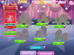 Size: 2048x1536 | Tagged: safe, gameloft, idw, bon bon (g1), lickety-split, lily (g1), lofty, minty, north star (g1), rosedust, earth pony, flutter pony, pegasus, pony, g1, g3, g4, my little pony: magic princess, blushing, bow, coin, collection, costs real money, curtains, english, female, g3 to g1, gem, generation leap, group, idw showified, insect wings, mare, numbers, queen, spread wings, tail, tail bow, text, timer, wings