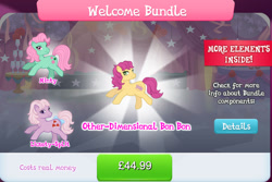 Size: 1278x856 | Tagged: safe, gameloft, idw, bon bon (g1), lickety-split, minty, earth pony, pony, g1, g3, g4, my little pony: magic princess, bow, bundle, collection, costs real money, curtains, english, female, g3 to g1, generation leap, group, idw showified, mare, numbers, tail, tail bow, text