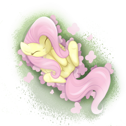 Size: 2000x2000 | Tagged: safe, artist:candy meow, fluttershy, butterfly, pegasus, pony, g4, ^^, carrying, cute, eyes closed, female, high res, lying down, mare, on back, shyabetes, solo