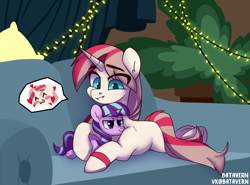 Size: 2918x2160 | Tagged: safe, artist:batavern, starlight glimmer, oc, oc:dashka bun, pony, unicorn, g4, blue eyes, bracelet, couch, cute, female, high res, hooves, horn, hug, jewelry, lying down, mare, plushie, smiling, smug, solo