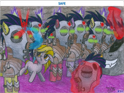 Size: 2011x1504 | Tagged: safe, artist:vovi, king sombra, oc, oc:bloo crystal, oc:sunny crystal, crystal pony, the crystal empire 10th anniversary, g4, alternate timeline, armor, colt, crying, crystal empire, crystal war timeline, female, filly, foal, frightened, helmet, magic, male, mare, mind control, sad, slave, soldiers, sombra soldier, stallion, telekinesis, traditional art