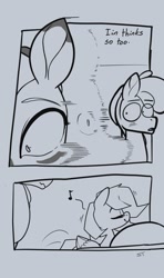 Size: 707x1197 | Tagged: safe, artist:storyteller, oc, oc:iin, oc:omelette, oc:rowdy spout, earth pony, pegasus, pony, zebra, blushing, comic, dialogue, embarrassed, female, grayscale, looking away, male, mare, monochrome, music notes, stallion, trio