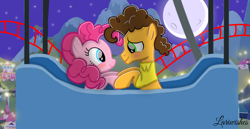 Size: 1980x1020 | Tagged: safe, artist:mlplary6, cheese sandwich, pinkie pie, earth pony, pony, g4, blushing, boyfriend and girlfriend, female, ferris wheel, holding hooves, looking at each other, looking at someone, male, mare, moon, ship:cheesepie, shipping, smiling, smiling at each other, stallion, straight