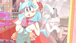 Size: 3840x2160 | Tagged: safe, artist:burgivore, coco pommel, earth pony, semi-anthro, arm hooves, clothes, crying, dress, duality, looking back, mirror, open mouth, open smile, reflection, sad, sewing machine, smiling, teary eyes