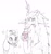 Size: 976x1041 | Tagged: safe, artist:plusplus_pony, discord, sunny starscout, draconequus, earth pony, pony, g5, spoiler:g5comic, blushing, broken horn, drink, duo, duo male and female, fangirl, fangirling, female, frown, horn, implied fluttershy, male, monochrome, old man discord, open mouth, open smile, sketch, smiling, smoothie, sparkles