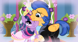 Size: 1024x559 | Tagged: safe, artist:velveagicsentryyt, flash sentry, twilight sparkle, alicorn, pegasus, pony, g4, clothes, deviantart watermark, dress, female, folded wings, horn, horn ring, implied wing hole, jewelry, male, mare, marriage, obtrusive watermark, ring, ship:flashlight, shipping, show accurate, stallion, straight, suit, tuxedo, twilight sparkle (alicorn), watermark, wedding, wedding dress, wedding ring, wedding suit, wedding veil, wings, wings down
