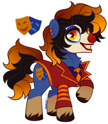 Size: 1044x1204 | Tagged: safe, artist:ghastlyexists, oc, oc only, oc:comedy, earth pony, pony, ashes town, fallout equestria, chest fluff, clothes, clown, clown makeup, clown nose, ear piercing, long tail, necktie, piercing, raised hoof, red nose, short mane, show accurate, simple background, solo, standing, suit, tail, transparent background, watermark