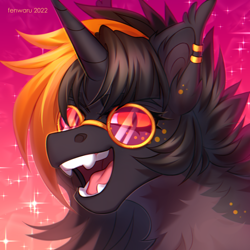 Size: 2000x2000 | Tagged: source needed, useless source url, safe, artist:fenwaru, oc, oc only, oc:hijinx, bat pony, bat pony unicorn, hybrid, pony, unicorn, blaze (coat marking), bust, coat markings, ear fluff, ear piercing, eyelashes, facial markings, fangs, freckles, glasses, high res, horn, icon, nonbinary, piercing, shading, simple background, slit pupils, solo, sparkles