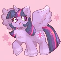 Size: 2000x2000 | Tagged: safe, artist:lumiville, twilight sparkle, alicorn, pony, g4, chest fluff, cute, female, high res, horn, looking at you, mare, open mouth, open smile, pink background, raised hoof, simple background, smiling, smiling at you, solo, spread wings, stars, twiabetes, twilight sparkle (alicorn), wings