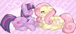 Size: 3600x1605 | Tagged: safe, artist:lumiville, fluttershy, twilight sparkle, alicorn, pegasus, pony, g4, blushing, cheek fluff, chest fluff, cute, eyes closed, female, heart, lesbian, lying down, open mouth, open smile, prone, ship:twishy, shipping, shyabetes, smiling, twiabetes, twilight sparkle (alicorn)