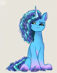 Size: 1074x1368 | Tagged: safe, artist:petaltwinkle, misty brightdawn, pony, unicorn, g5, confident, female, looking away, mare, simple background, sitting, smiling, smirk, solo, unshorn fetlocks