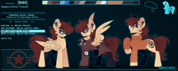 Size: 3921x1566 | Tagged: safe, artist:ghastlyexists, oc, oc only, oc:rukh, pegasus, pony, fallout equestria, boots, clothes, coat, complex background, cutie mark, ear fluff, enclave, glasses, grin, jewelry, lidded eyes, looking at you, male, necklace, raised hoof, reference sheet, shoes, smiling, smiling at you, spread wings, stallion, standing, sweater, text, wings