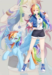 Size: 1407x2048 | Tagged: safe, artist:alus, rainbow dash, human, pegasus, pony, equestria girls, g4, backwards cutie mark, clothes, converse, cute, duo, ear fluff, female, grin, hoodie, human coloration, human ponidox, humanized, one eye closed, peace sign, self paradox, self ponidox, shoes, shorts, smiling, tomboy, wink, zoom layer
