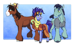 Size: 2000x1221 | Tagged: safe, artist:inuhoshi-to-darkpen, hammerhead mccolt, hoo'far, trouble shoes, earth pony, pony, unicorn, g4, clothes, ear fluff, goggles, goggles on head, hat, leg fluff, male, mccolt family, open mouth, shirt, stallion, trio, unshorn fetlocks