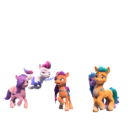 Size: 1080x1080 | Tagged: safe, hitch trailblazer, izzy moonbow, pipp petals, sunny starscout, zipp storm, earth pony, pegasus, pony, unicorn, g5, my little pony: make your mark, official, animated, female, gif, group hug, height difference, hug, male, mane five, mane stripe sunny, mare, physique difference, simple background, stallion, transparent background