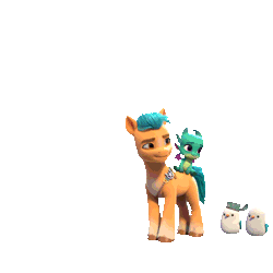 Size: 1080x1080 | Tagged: safe, hitch trailblazer, kenneth, sparky sparkeroni, sunny starscout, bird, dragon, earth pony, pony, seagull, g5, my little pony: make your mark, official, animated, female, gif, male, mane stripe sunny, mare, my little pony logo, neck nuzzle, nuzzling, shipping fuel, simple background, stallion, transparent background