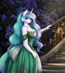 Size: 1085x1230 | Tagged: safe, artist:mdwines, princess celestia, alicorn, anthro, bare shoulders, breasts, busty princess celestia, cleavage, clothes, crown, dress, fantasy, female, garden, jewelry, looking at you, mare, medieval, necklace, queen celestia, regalia, solo, stairs, strapless