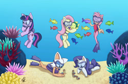 Size: 1105x723 | Tagged: safe, artist:mysteryshadow29, fluttershy, rarity, twilight sparkle, bat, fish, hedgehog, pegasus, pony, unicorn, g4, amy rose, breasts, bubble, clam, clothes, coral, crepuscular rays, dive mask, eyes closed, female, flowing mane, flowing tail, goggles, happy, lying down, mare, ocean, one-piece swimsuit, pearl, rock, rouge the bat, scuba gear, seashell, seaweed, sonic the hedgehog (series), sunlight, swimming, swimsuit, tail, underwater, water