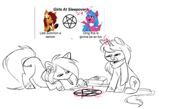 Size: 1421x899 | Tagged: safe, artist:higglytownhero, oc, oc only, oc:apple bloom, oc:echo shade, earth pony, pony, unicorn, fanfic:song of seven, clothes, colored fetlocks, doodle, duo, earth pony oc, female, glowing, glowing horn, hooves, horn, joke, leaning forward, magic, magic circle, mare, open mouth, pencil, pentagram, raised hoof, satchel, scarf, simple background, sleepover, smiling, striped mane, summoning, summoning circle, unicorn oc, unshorn fetlocks