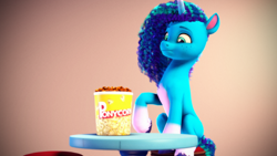 Size: 3840x2160 | Tagged: safe, artist:psfmer, misty brightdawn, pony, unicorn, g5, 3d, cornrows, female, food, freckles, gradient background, high res, mare, popcorn, raised hoof, solo, source filmmaker, table, that pony sure does love popcorn, unshorn fetlocks
