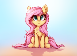 Size: 934x685 | Tagged: safe, artist:zeepheru_pone, fluttershy, pegasus, pony, cheek fluff, chest fluff, cute, ear fluff, female, fluffy, full face view, gradient background, hoof fluff, looking at you, mare, shyabetes, sitting, smiling, solo, tail