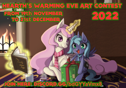 Size: 1400x986 | Tagged: safe, artist:grasspainter, princess celestia, princess luna, alicorn, pony, g4, bag, book, box, chocolate, christmas, clothes, contest, cup, cute, discord (program), drink, female, filly, fire, fireplace, foal, food, happy, hearth's warming eve, holiday, hot chocolate, levitation, lying down, magic, mug, open mouth, pink-mane celestia, pointy ponies, present, prone, royal sisters, rug, scarf, siblings, sisters, smiling, telekinesis, woona, wreath, younger