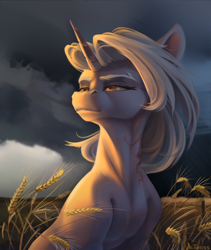 Size: 2700x3200 | Tagged: safe, artist:mithriss, oc, oc only, pony, unicorn, female, field, food, high res, lighting, mare, scar, shading, sitting, slender, solo, thin, thunderstorm, wheat, wind
