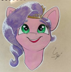 Size: 1566x1584 | Tagged: safe, artist:engi, pipp petals, pegasus, pony, g5, my little pony: a new generation, crown, eyebrows, female, jewelry, open mouth, outline, regalia, simple background, smiling, solo, teeth, traditional art, watercolor painting, white outline
