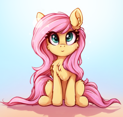 Size: 660x632 | Tagged: safe, alternate version, artist:zeepheru_pone, fluttershy, pegasus, pony, cheek fluff, chest fluff, cropped, cute, ear fluff, female, fluffy, full face view, gradient background, hoof fluff, looking at you, mare, shyabetes, sitting, smiling, solo, tail