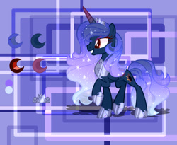 Size: 1280x1049 | Tagged: safe, artist:selenavivacity, oc, oc only, oc:crescent moon, alicorn, pony, abstract background, alicorn oc, colored horn, colored pupils, crown, ethereal mane, female, hoof shoes, horn, jewelry, magical lesbian spawn, magical threesome spawn, mare, mascara, offspring, parent:princess luna, parent:tempest shadow, parent:trixie, peytral, reference sheet, regalia, solo, wings