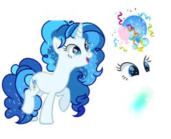 Size: 1280x1040 | Tagged: safe, artist:selenavivacity, oc, oc only, oc:summer bluberry balloon, pony, unicorn, confetti, cutie mark, female, horn, magic, magic aura, mare, offspring, parent:party favor, parent:pinkie pie, parents:partypie, ponytail, reference sheet, simple background, solo, transparent background, unicorn oc