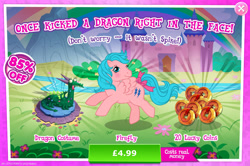 Size: 1957x1296 | Tagged: safe, gameloft, idw, crackle, firefly, pegasus, pony, g1, g4, my little pony: magic princess, advertisement, blushing, bow, clothes, costs real money, costume, disguise, english, female, idw showified, implied dragon, implied violence, introduction card, mare, numbers, sale, solo, spread wings, tail, tail bow, text, wings