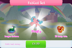 Size: 1266x857 | Tagged: safe, gameloft, idw, crackle, firefly, pegasus, pony, g1, g4, my little pony: magic princess, blushing, bow, bundle, clothes, costs real money, costume, disguise, english, fabled set, female, idw showified, mare, numbers, sale, solo, spread wings, tail, tail bow, text, wings