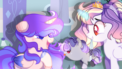 Size: 1191x671 | Tagged: safe, artist:hancar, artist:selenavivacity, oc, oc only, oc:harmonious armor senriga, oc:selena vivacity, oc:whisper nocturnal, alicorn, pony, alicorn oc, aunt and niece, baby, baby pony, base used, coat markings, colored hooves, colored pupils, colored wings, crown, female, filly, foal, gradient mane, half-sisters, horn, jewelry, magical lesbian spawn, mare, mascara, mother and child, mother and daughter, mouth hold, offspring, offspring's offspring, parent:flash sentry, parent:oc:sapphire moon, parent:oc:selena vivacity, parent:rainbow dash, parent:twilight sparkle, parents:flashlight, parents:twidash, regalia, shadow, trio, trio female, wings