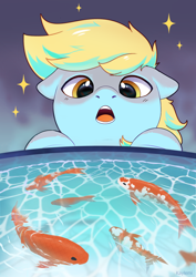 Size: 2064x2920 | Tagged: safe, artist:kaylemi, derpy hooves, fish, koi, pegasus, pony, g4, female, glowing, high res, solo, swimming, water