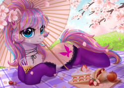 Size: 3050x2156 | Tagged: safe, artist:kaylemi, oc, oc only, oc:bijou butterfly, earth pony, pony, bubble tea, cake, cake slice, cherry blossoms, clothes, earth pony oc, female, flower, flower blossom, food, high res, lying down, picnic, prone, socks, solo, strawberry