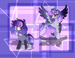Size: 1280x988 | Tagged: safe, artist:nocturnal-moonlight, artist:selenavivacity, oc, oc only, oc:imperial moonlight, oc:whisper nocturnal, alicorn, pony, unicorn, abstract background, alicorn oc, base used, bracelet, choker, coat markings, colored, colored wings, concave belly, crown, duo, duo female, ethereal mane, female, horn, jewelry, mare, offspring, offspring's offspring, parent:oc:sapphire moon, parent:oc:selena vivacity, red eyes, regalia, shadow, siblings, sisters, slender, sparkly wings, thin, unicorn oc, wings
