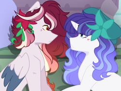 Size: 1032x774 | Tagged: safe, artist:cerealmiilk, artist:selrnavivacity, oc, oc only, oc:bright aquamarine, oc:majestic storm, pony, unicorn, base used, beret, blushing, colored pupils, female, flower, flower in hair, hat, horn, male, mare, offspring, offspring shipping, parent:discord, parent:fancypants, parent:rarity, parent:unknown, parents:raripants, straight, unicorn oc