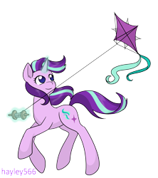 Size: 2092x2352 | Tagged: safe, artist:hayley566, starlight glimmer, pony, unicorn, g4, female, flowing mane, glowing, glowing horn, high res, horn, kite, magic, simple background, smiling, solo, telekinesis, transparent background