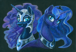 Size: 1608x1100 | Tagged: safe, artist:maytee, nightmare moon, princess luna, alicorn, pony, g4, black background, bust, colored pencil drawing, duality, female, mare, simple background, traditional art