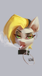 Size: 888x1608 | Tagged: safe, artist:khvorost162, oc, oc only, oc:tlen borowski, pony, choker, cigarette, collar, ear piercing, female, green eyes, head only, looking at you, open mouth, piercing, smoke, smoking, solo