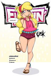 Size: 1347x2000 | Tagged: safe, artist:oldskullkid, paprika (tfh), human, them's fightin' herds, belly button, blonde, blonde hair, blushing, clothes, community related, female, hand on head, humanized, legs, shorts, solo