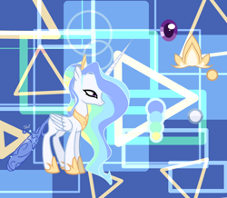 Size: 1280x1116 | Tagged: safe, artist:selenavivacity, oc, oc only, oc:sglimmer, changepony, hybrid, abstract background, crown, ethereal mane, hoof shoes, interspecies offspring, jewelry, offspring, parent:princess celestia, parent:thorax, parents:thoralestia, peytral, reference sheet, regalia, solo