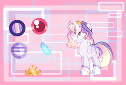 Size: 1091x733 | Tagged: safe, artist:selenavivacity, oc, oc only, oc:selena vivacity, alicorn, pony, abstract background, alicorn oc, bracelet, coat markings, colored hooves, colored pupils, colored wings, crown, gradient mane, horn, jewelry, magic, magic aura, magical lesbian spawn, offspring, parent:rainbow dash, parent:twilight sparkle, parents:twidash, reference sheet, regalia, solo, wings