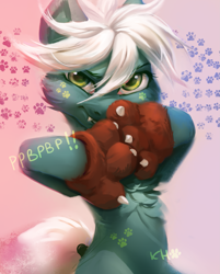 Size: 1569x1950 | Tagged: safe, artist:khvorost162, oc, oc only, earth pony, pony, chest fluff, claws, clothes, cyrillic, fangs, female, gloves, looking at you, smiling, solo, standing, tail, white hair, white tail