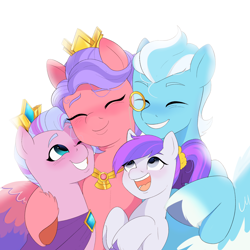 Size: 2048x2048 | Tagged: safe, artist:aztrial, cherry flyaway, queen haven, pegasus, pony, g5, my little pony: tell your tale, panic on harvest & hugs day, spoiler:g5, spoiler:my little pony: tell your tale, spoiler:tyts01e35, bright canny (g5), cute, diadem, eyes closed, family, female, grin, group, group hug, high res, hug, jewelry, male, mare, monocle, necklace, one eye closed, open mouth, open smile, quartet, simple background, smiling, stallion, unnamed character, unnamed pony, unshorn fetlocks, white background, younger