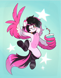 Size: 1516x1939 | Tagged: safe, artist:rexyseven, oc, oc only, oc:lunylin, pegasus, pony, arm behind head, armpits, belly, belly button, bendy straw, chest fluff, clothes, collar, colored belly, colored wings, cup, dark belly, drink, drinking straw, hooves behind head, looking at you, multicolored wings, one eye closed, pegasus oc, smiling, smiling at you, socks, solo, spread wings, striped socks, two toned coat, two toned wings, waving, wing gesture, wing hands, wing hold, wing wave, wings